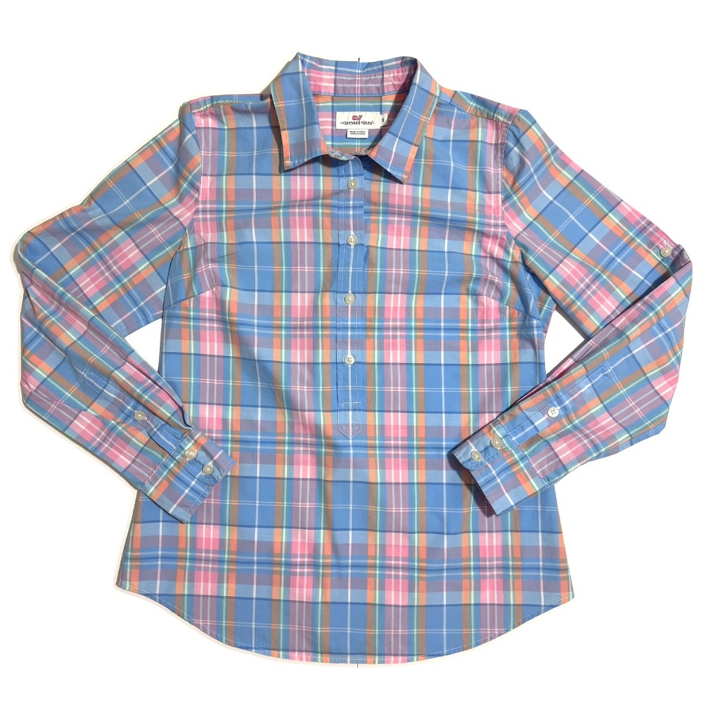 Vineyard Vines Women's Blue Pink Plaid 3/4 Button Popover Top Long Sleeve Size 6